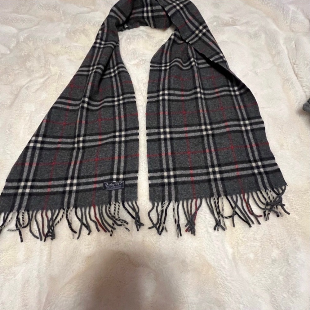 Burberry 100% Lambswool Black ,Gray & Red Checkered Scarf with Fringe
